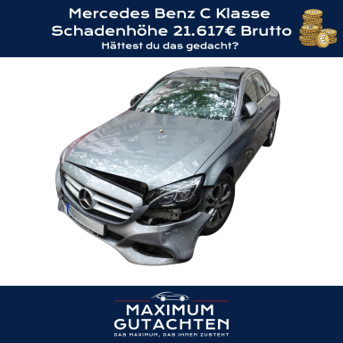 Beschädigter Mercedes Benz C Klasse mit Schadenhöhe 21.617€ Brutto