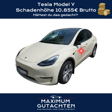 Beschädigter Tesla Model Y mit Schadenhöhe 10.855€ Brutto